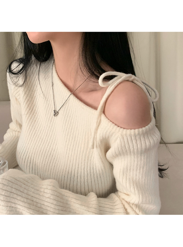 ワンショルダーリボンリブニットトップス