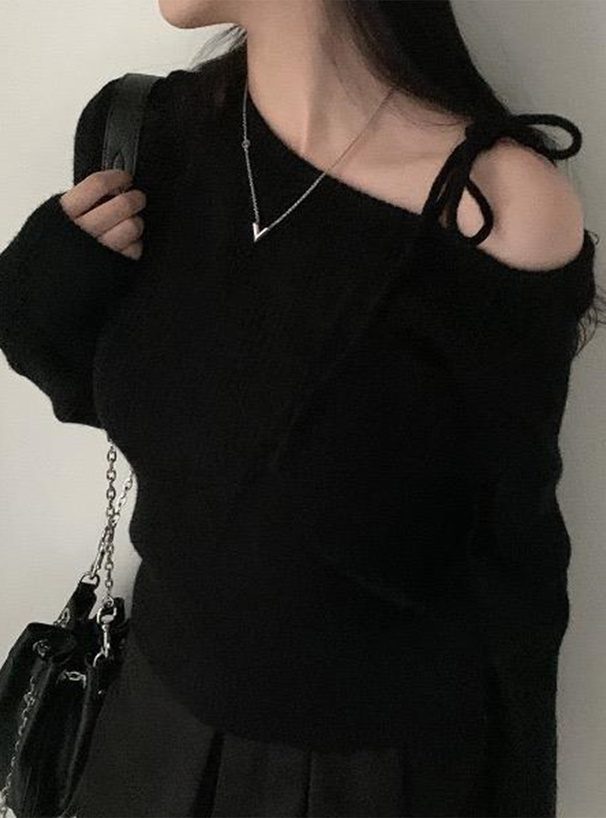 ワンショルダーリボンリブニットトップス