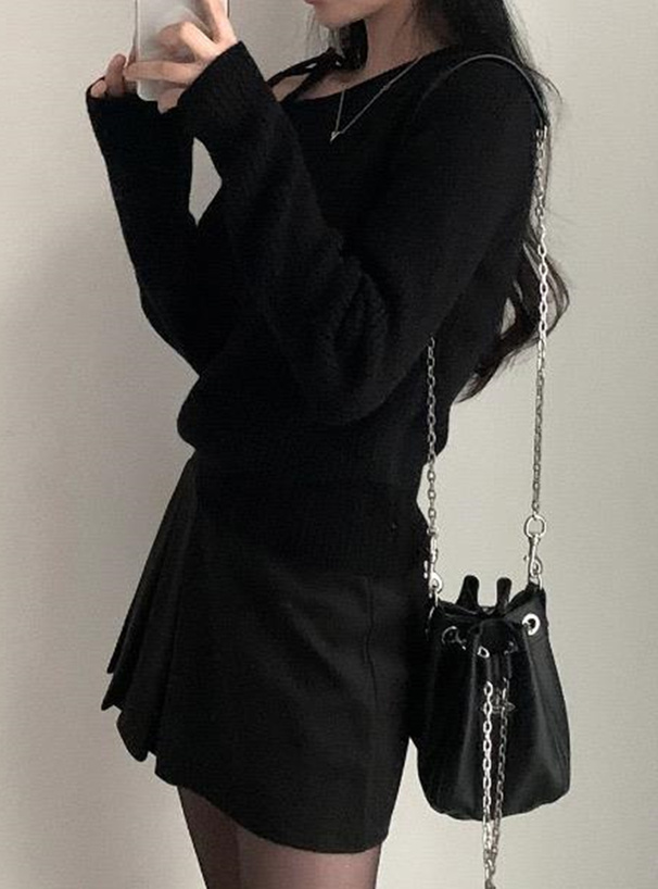 ワンショルダーリボンリブニットトップス