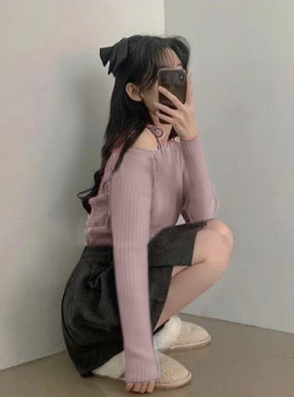 ワンショルダーリボンリブニットトップス