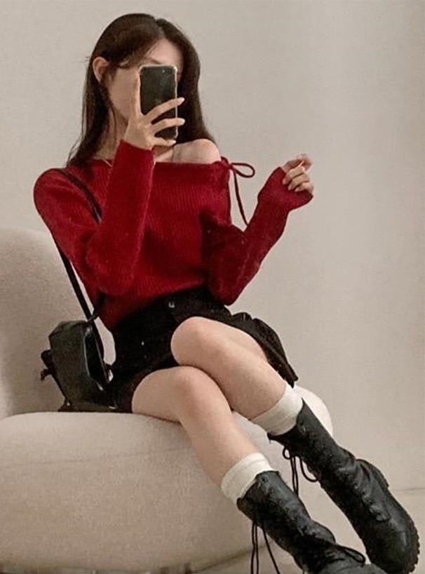 ワンショルダーリボンリブニットトップス