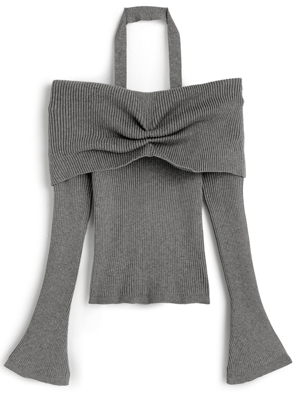 ホルターネックオフショルダーリブニットトップス