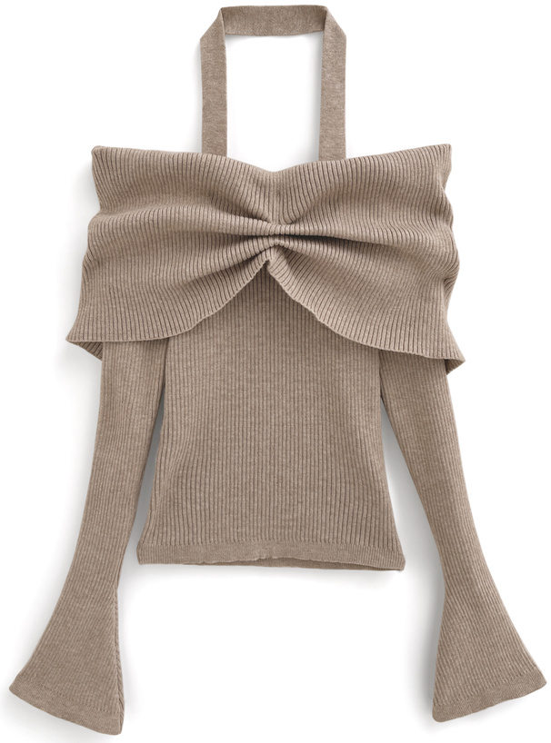 ホルターネックオフショルダーリブニットトップス