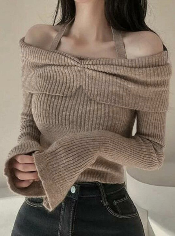 ホルターネックオフショルダーリブニットトップス