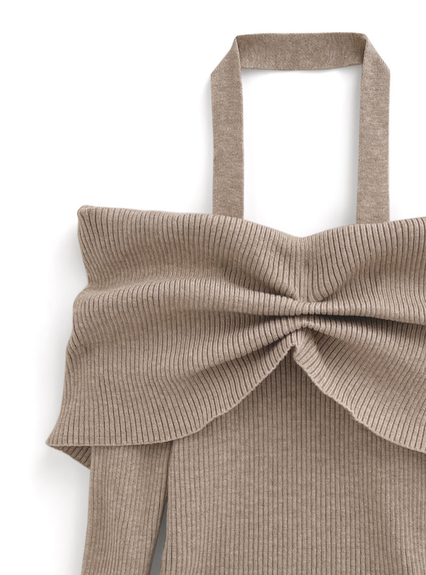 ホルターネックオフショルダーリブニットトップス