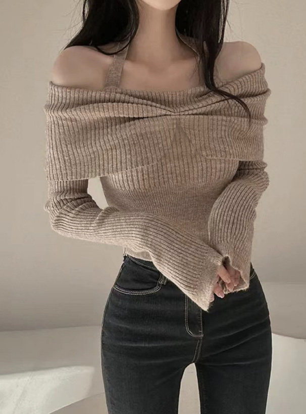 ホルターネックオフショルダーリブニットトップス