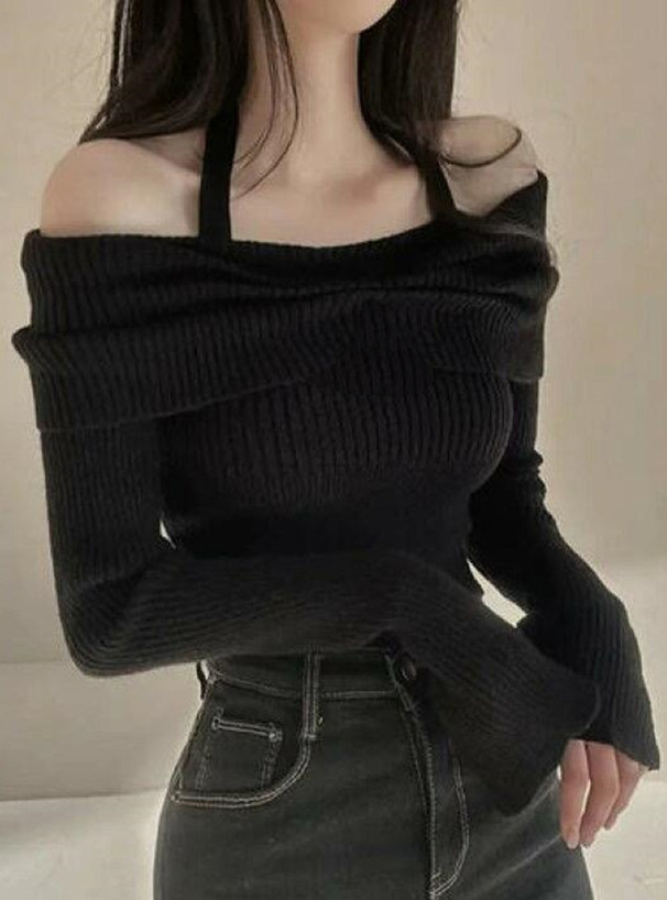 ホルターネックオフショルダーリブニットトップス