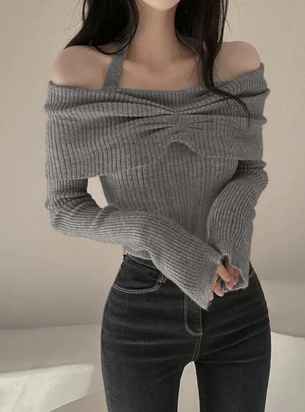 ホルターネックオフショルダーリブニットトップス