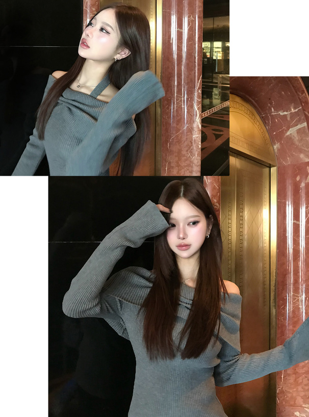 ホルターネックオフショルダーリブニットトップス