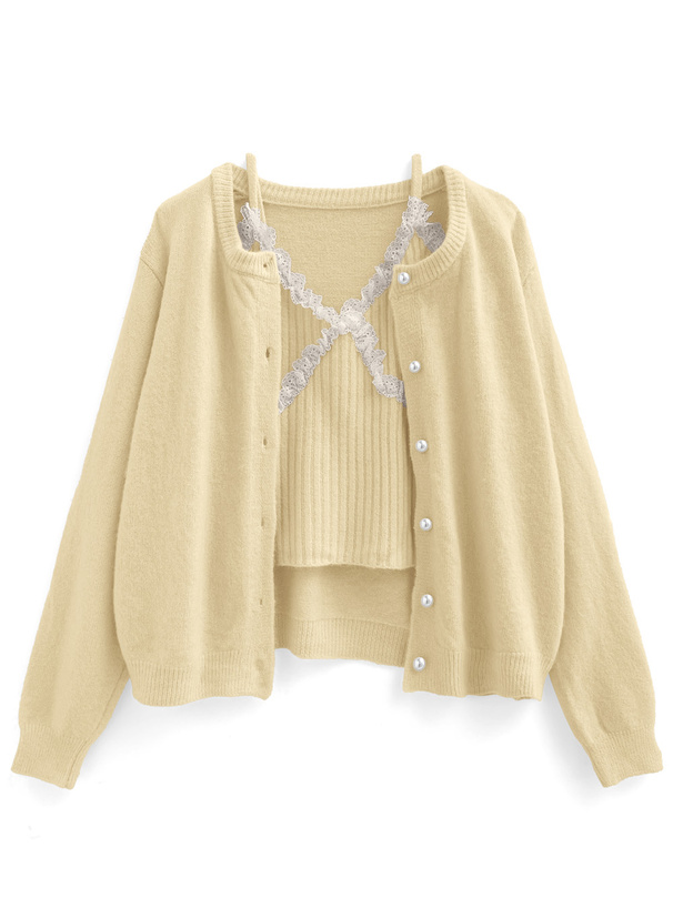 カーディガン×レースキャミソールニットアンサンブル