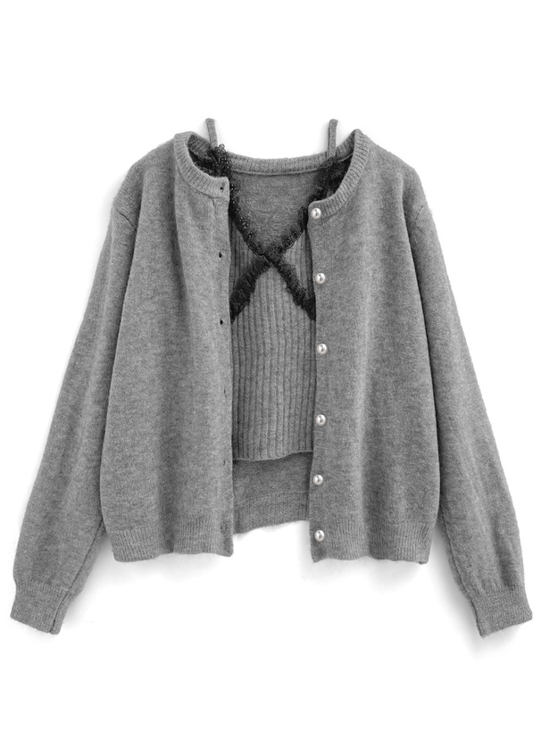 カーディガン×レースキャミソールニットアンサンブル