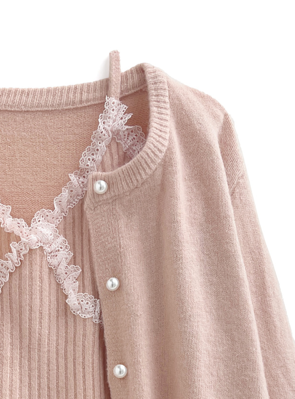 カーディガン×レースキャミソールニットアンサンブル