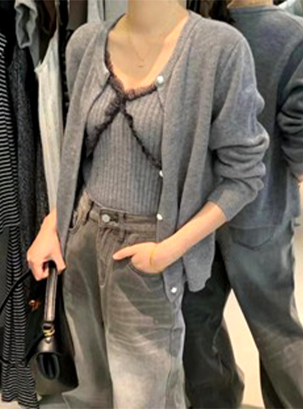 andmaryきクロシェキャミ＋カーディガン セットアップ（グレー） andmaryきクロシェキャミ＋カーディガン セットアップ（グレー