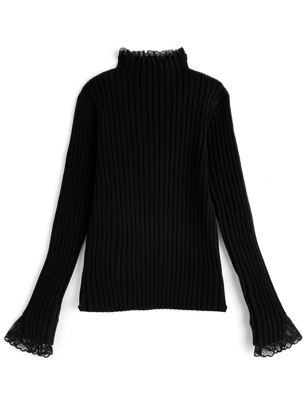 レースハイネックリブニットトップス