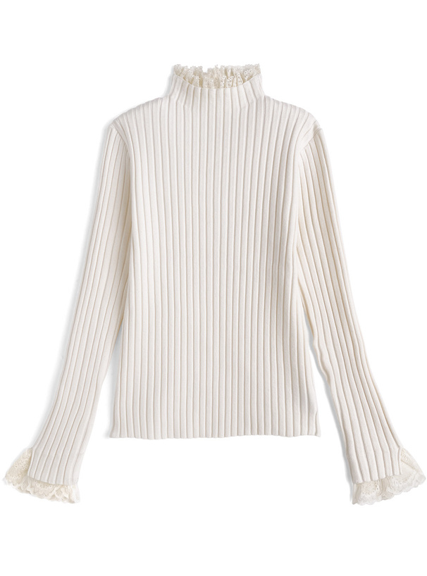 レースハイネックリブニットトップス