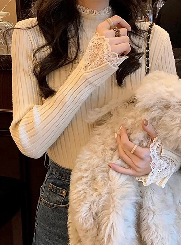 レースハイネックリブニットトップス