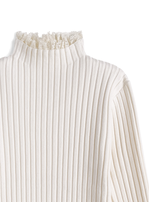 レースハイネックリブニットトップス