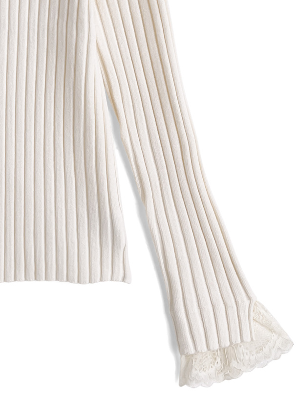 レースハイネックリブニットトップス