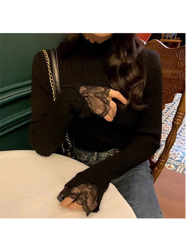 レースハイネックリブニットトップス