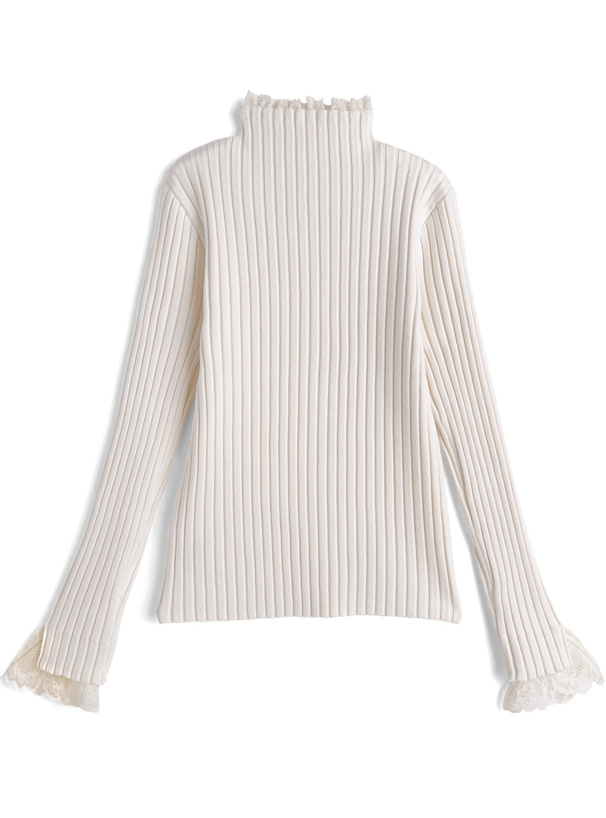 レースハイネックリブニットトップス