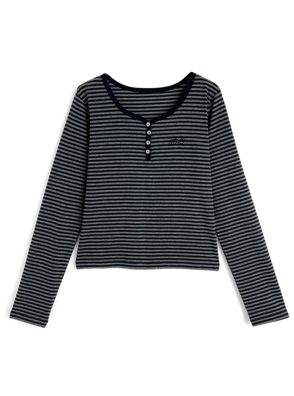 ロゴ刺繍ボーダー柄ヘンリーネックトップス[th011] | レディース