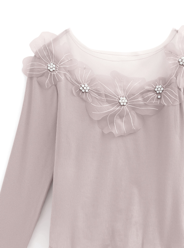 シアーフラワーパールリブトップス