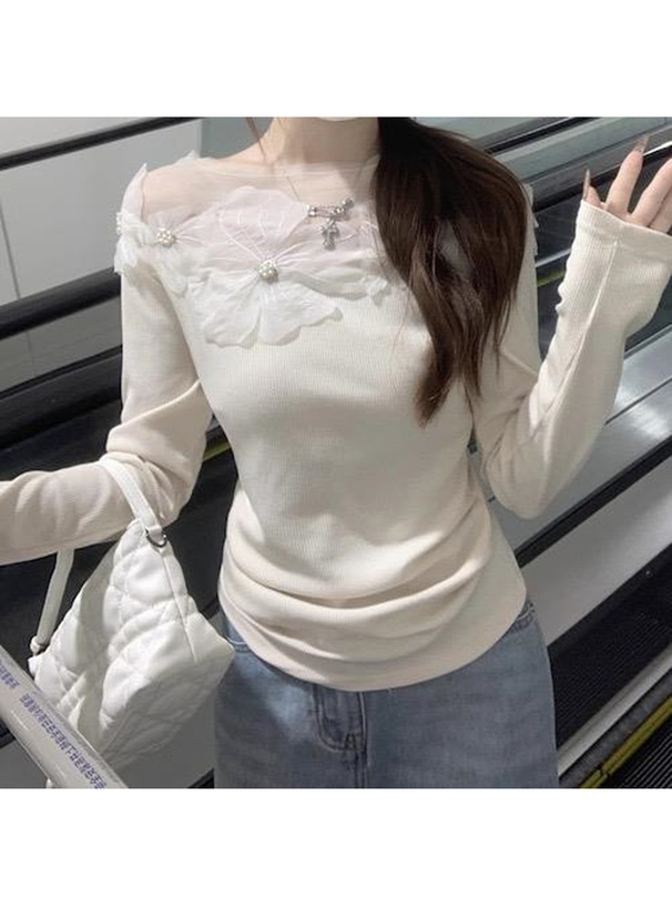 シアーフラワーパールリブトップス