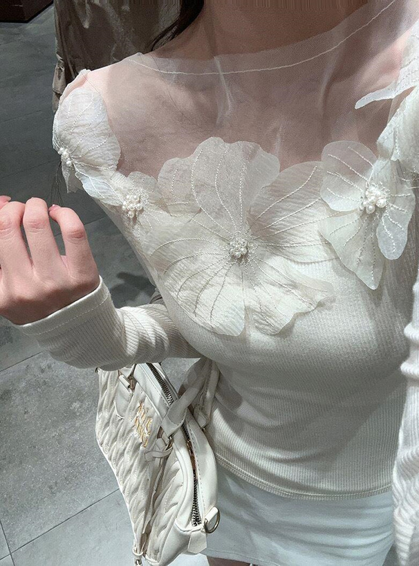 シアーフラワーパールリブトップス