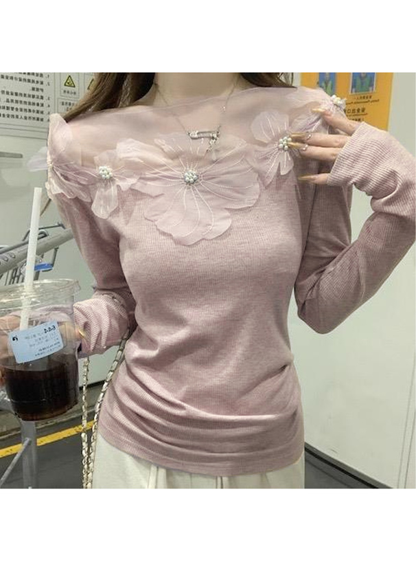 シアーフラワーパールリブトップス