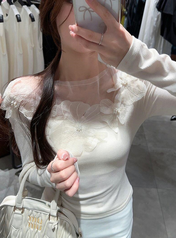 シアーフラワーパールリブトップス