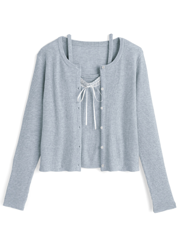 カーディガン×リボンレースキャミソールニットアンサンブル