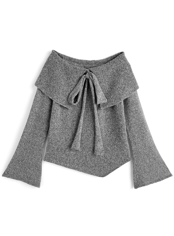 ビッグカラーリボンオフショルダーアシンメトリーニットトップス