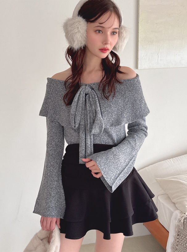 ビッグカラーリボンオフショルダーアシンメトリーニットトップス[th026