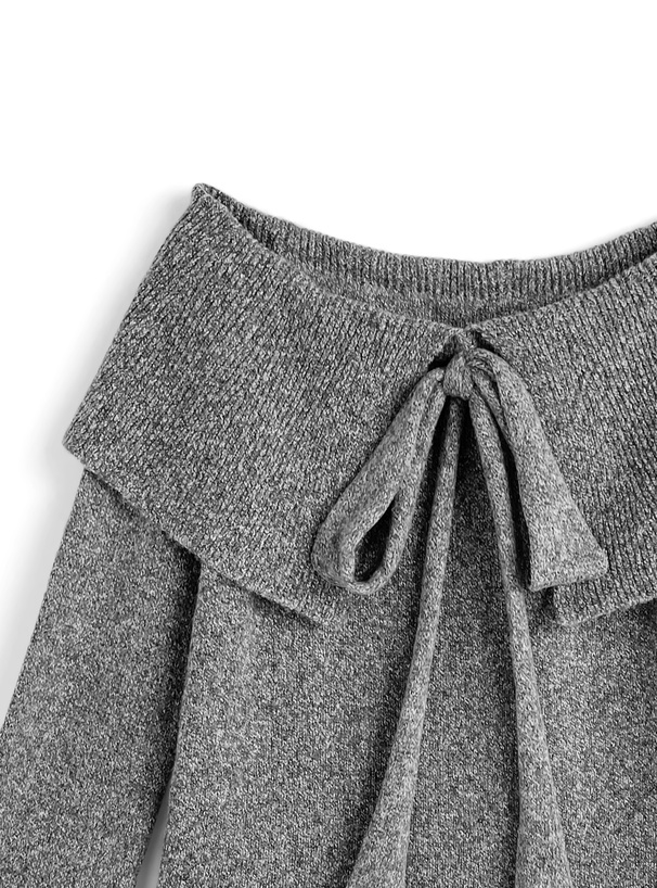 ビッグカラーリボンオフショルダーアシンメトリーニットトップス