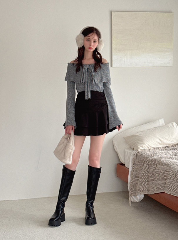 ビッグカラーリボンオフショルダーアシンメトリーニットトップス