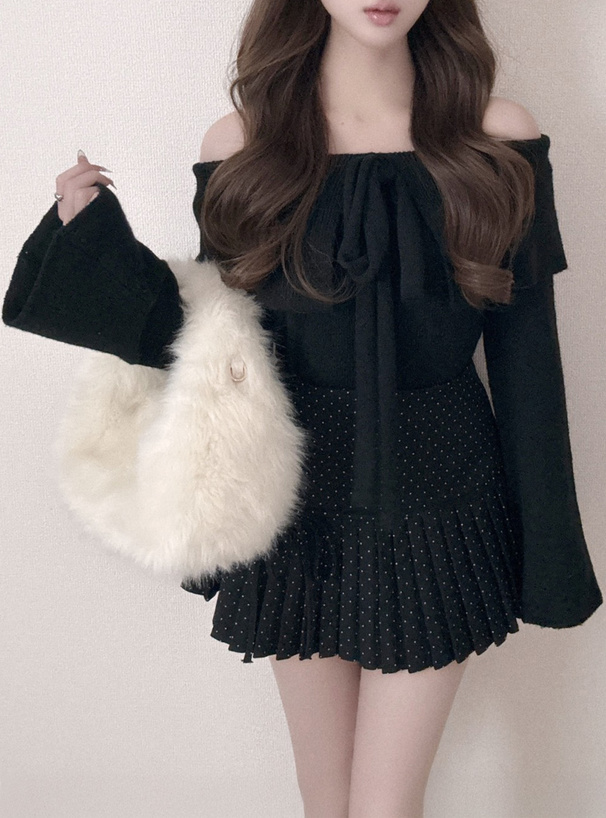 ビッグカラーリボンオフショルダーアシンメトリーニットトップス