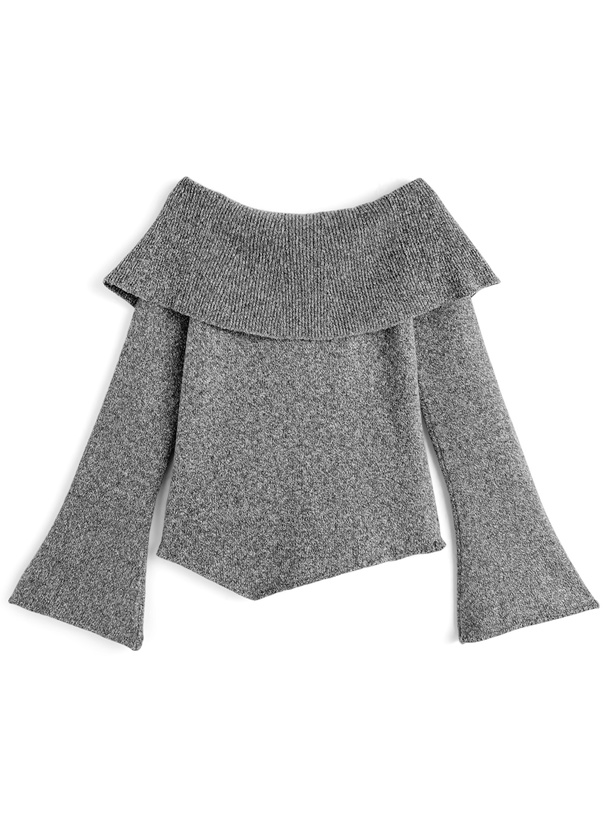 ビッグカラーリボンオフショルダーアシンメトリーニットトップス