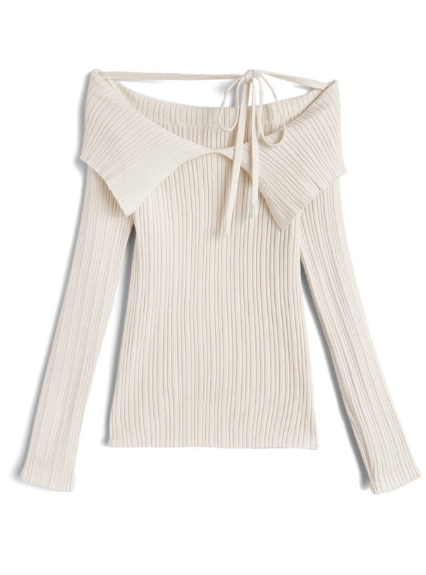 ビッグカラーオフショルダーリボンニットトップス