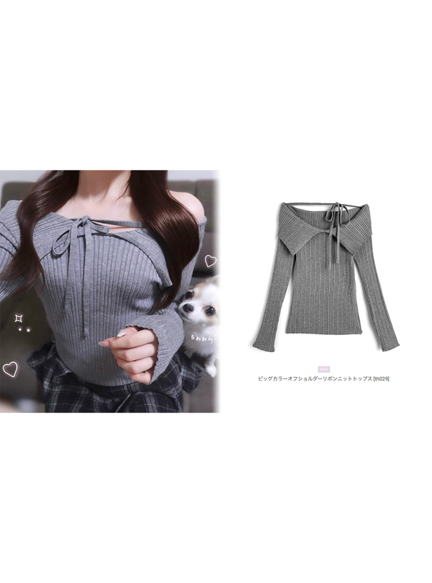 ビッグカラーオフショルダーリボンニットトップス