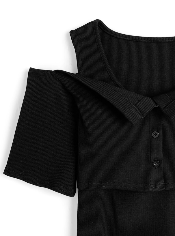 ショルダーオープンレイヤード風リブトップス