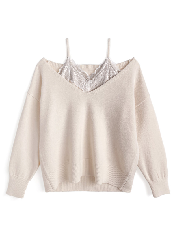 2WayVネックトップス×レースキャミソールニットアンサンブル