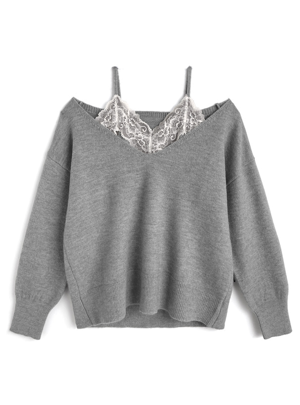 2WayVネックトップス×レースキャミソールニットアンサンブル