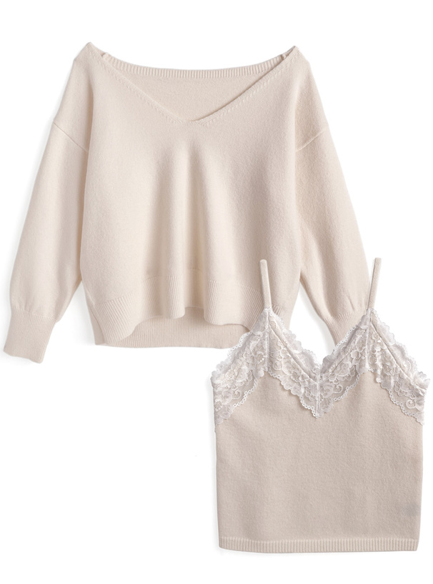 2WayVネックトップス×レースキャミソールニットアンサンブル