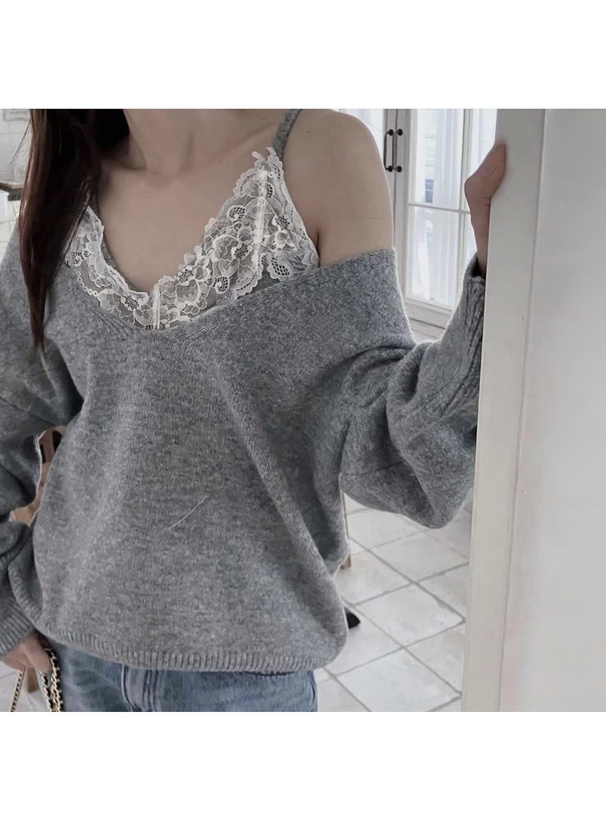 2WayVネックトップス×レースキャミソールニットアンサンブル