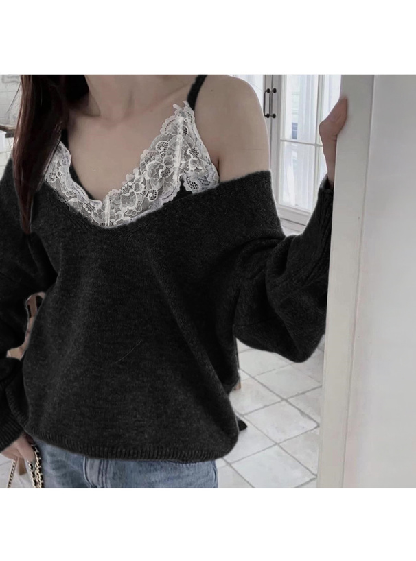2WayVネックトップス×レースキャミソールニットアンサンブル