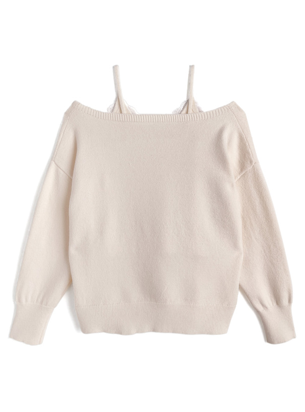 2WayVネックトップス×レースキャミソールニットアンサンブル