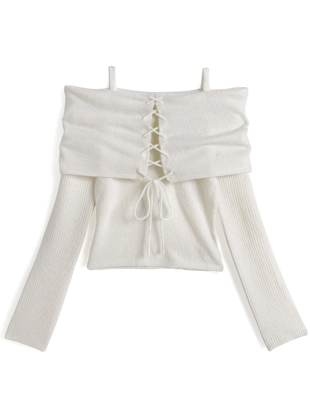 レースアップオフショルダーニットトップス