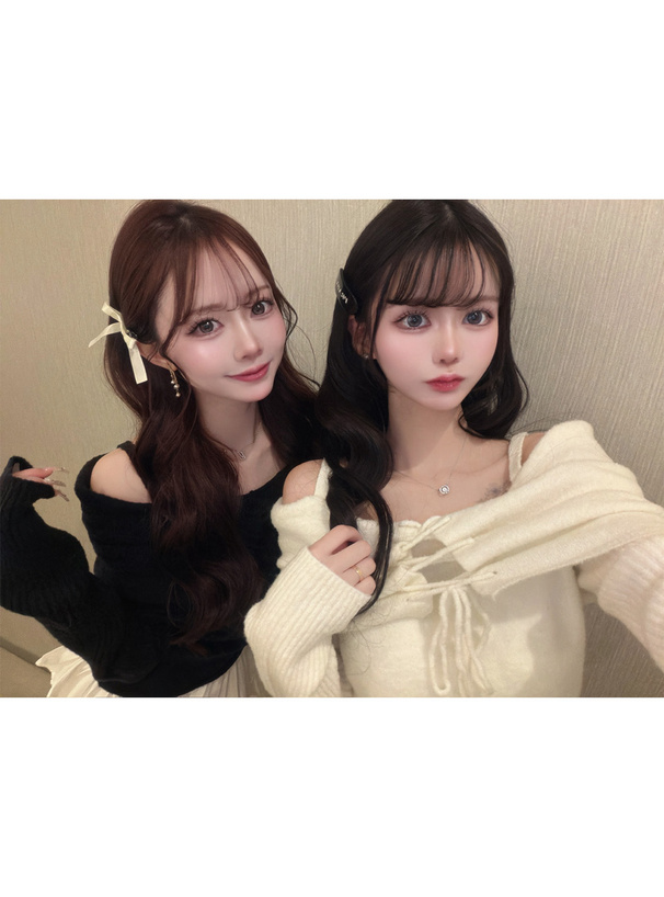 レースアップオフショルダーニットトップス