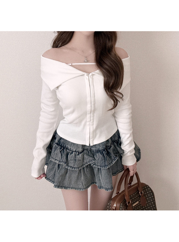 ビッグカラーフロントストラップオフショルダートップス