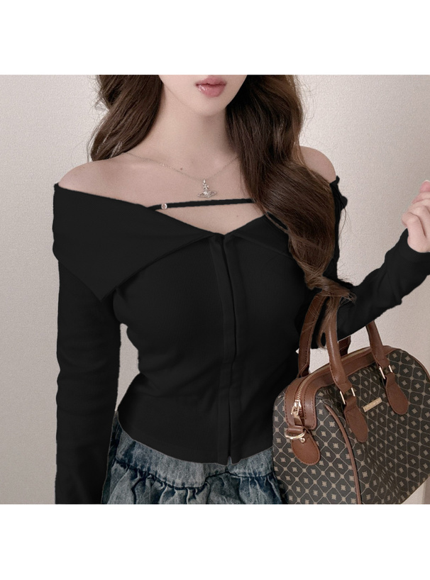 ビッグカラーフロントストラップオフショルダートップス